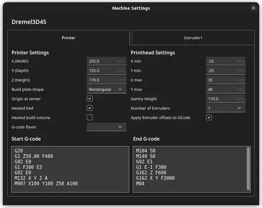 The Dremel 3D45 printer settings inside of Cura