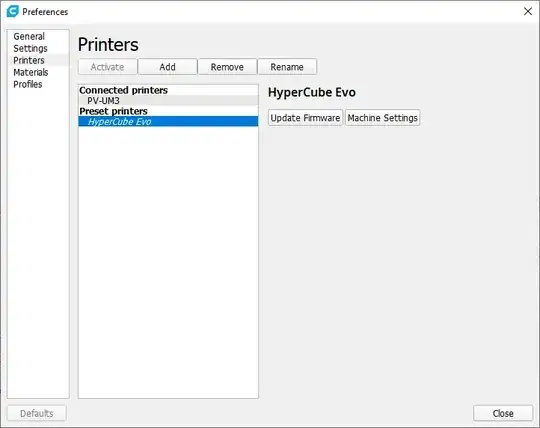 Cura printer preferences window Cura printer preferences window
