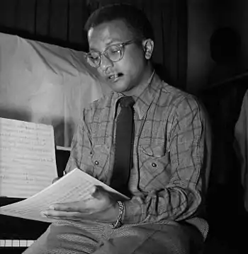 Image 7Billy StrayhornPhotograph credit: William P. Gottlieb; restored by Adam CuerdenBilly Strayhorn (November 29, 1915 – May 31, 1967) was an American jazz composer, pianist, lyricist, and arranger, best remembered for his long-time collaboration with bandleader and composer Duke Ellington that lasted nearly three decades. Though classical music was Strayhorn's first love, his ambition to become a classical composer went unrealized because of the harsh reality of a black man trying to make his way in the world of classical music, which at that time was almost completely white. He was introduced to the music of pianists like Art Tatum and Teddy Wilson at age 19, and the artistic influence of these musicians guided him into the realm of jazz, where he remained for the rest of his life. This photograph of Strayhorn was taken by William P. Gottlieb in the 1940s.More selected pictures