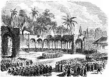 Lithograph engraving Franco-Spanish celebration in Saigon, 1863.
