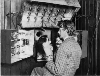 Image 41Baird in 1925 with his televisor equipment and dummies "James" and "Stooky Bill" (right). (from History of television)