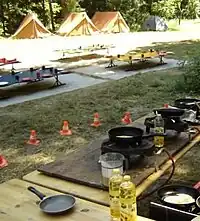 Image 25Preparing the pancakes before the arrival of the children for the evening dinner during the summer camp of the Dutch Student Rover crew Delftsche Zwervers for children in special education. Because pancakes are considered to be a feast meal for children, this is served on the last evening dinner of this camp.