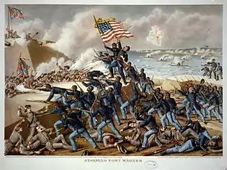 USCT regiment storming Fort Wagner representative of the 54th Massachusetts infantry-as it shows Colonel Shaw as a fatality