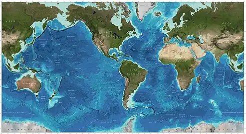 Ocean surfaces occupy 72% of the Earth's total surface. They can be divided into surfaces of the relatively shallow and nutrient rich coastal areas above the continental shelves (light blue), and surfaces of the more expansive and relatively deeper but nutrient poor ocean that lies beyond (deep blue).